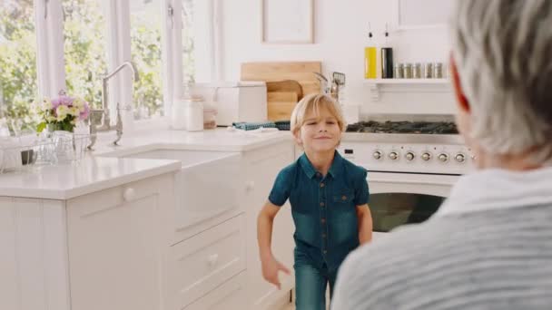 Criança Sorriso Abraço Avó Cozinha Por Amor Tempo Qualidade Juntos — Vídeo de Stock