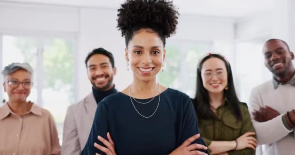 生意兴隆 黑人女子臂膀交叉 团队精神 信心十足 营销代理在位 与员工的团队合作 领导或经理 团队项目规划和广告活动或领导 — 图库视频影像