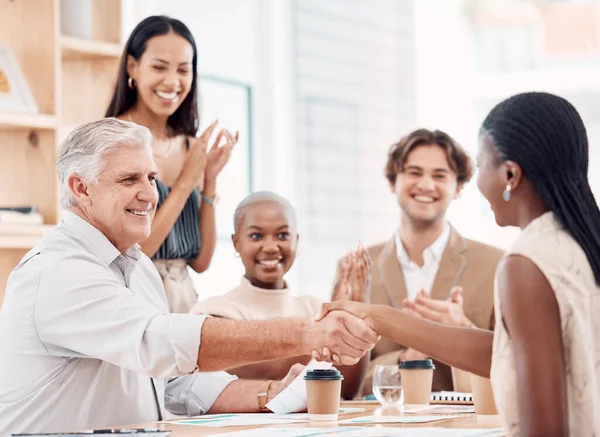 Handshake, hiring or CEO shaking hands with black woman for job interview success meeting in business office. Partnership, thank you or happy senior hr manager with hand shake for congratulations.