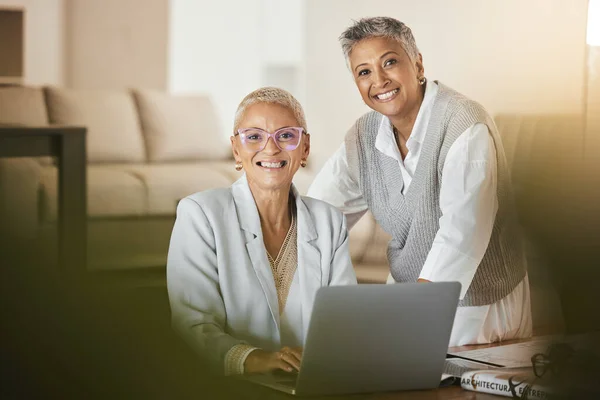 Senior business women, laptop and happy portrait planning strategy, company schedule or working on project report together. Mature employees, teamwork collaboration and professional managers on tech.