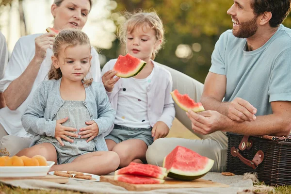 Park, picnic and couple with children and fruit on blanket in garden for happy summer family time together. Nature, love and relax eating lunch on grass with parents and kids with smile on holiday