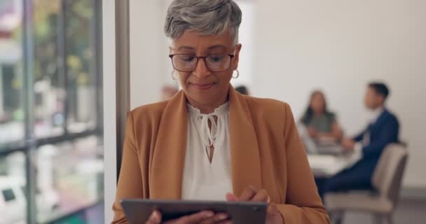 Tablet Digitação Mulher Negócios Sênior Ocupado Com Documentos Line Pesquisa — Vídeo de Stock