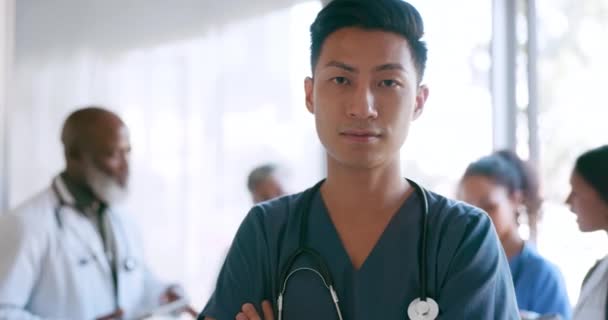 Médico Hombre Asiático Retrato Facial Grave Hospital Por Motivación Mental — Vídeos de Stock
