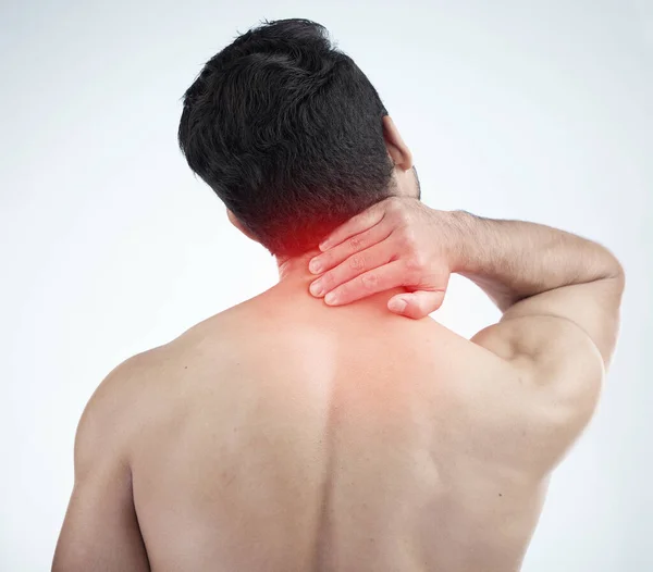 Man, hands or body neck pain and glow on studio background in exercise, workout or training stress, tension or 3d muscle crisis. Abstract injury, sports athlete or fitness person in first aid burnout.