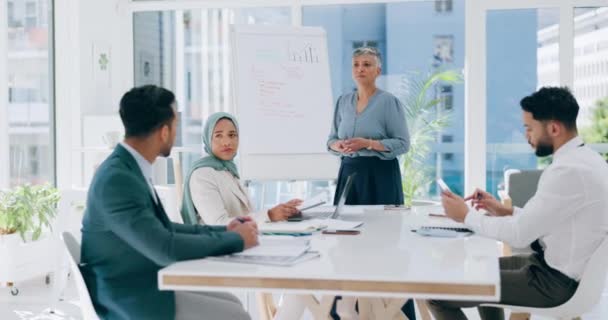 オフィスでのKpiマーケティング文書 チーム管理 データ分析とシニア女性 プレゼンテーションリーダーとビジネスミーティング 成熟した女性 リーダーシップコーチングと従業員計画戦略 — ストック動画