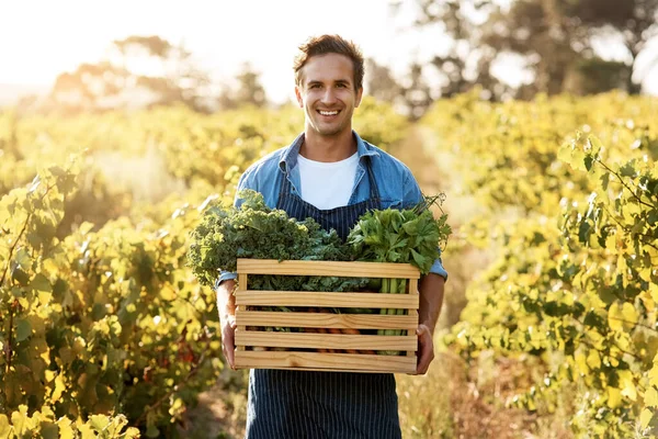 The healthy way to eat is to eat fresh. a young man holding a crate full of freshly picked produce on a farm