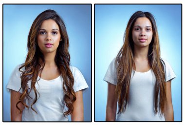 Saç bakımı rutinimi yeniledim. Düz ve kıvırcık saçlı genç bir kadının stüdyo çekimlerinden önce ve sonra.