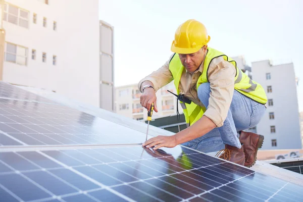 Engineer, man or solar panels for clean energy, maintenance for building or sustainability. Male technician, electrician or installation for alternative power, agriculture innovation or eco friendly.