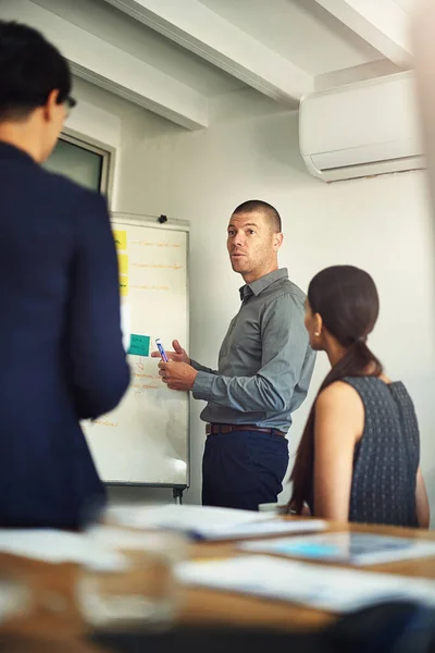 He knows the companys direction. a group of colleagues having a meeting together around a whiteboard in an office