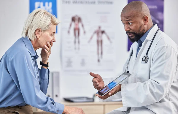Doctor, patient and black man with tablet, hospital and results for disease, explain procedure or healthcare. Medical professional, senior female and woman in office, cure or conversation for surgery.