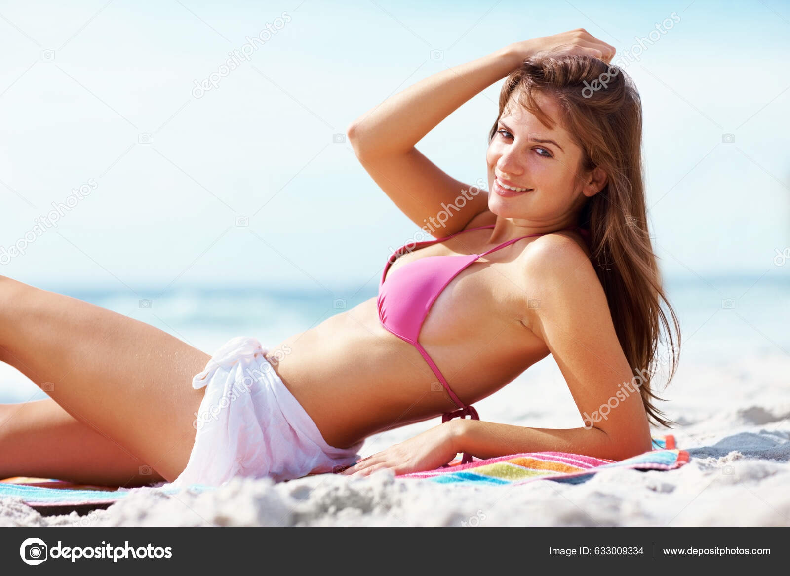 Sexy Woman Swimsuit Lying Sandy Beach Portrait Sexy Young Woman Stock Photo by ©PeopleImages 633009334