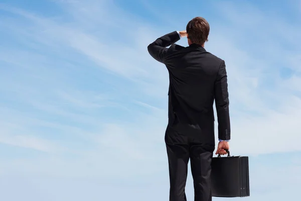 Business man with a briefcase looking at the sky. Rear view of a young business man with a briefcase looking at the blue sky