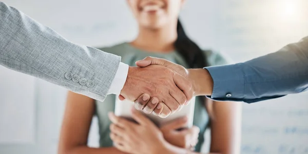 Teamwork, collaboration and business people handshake for partnership, b2b or hiring contract. Welcome, thank you and group, employees or workers shaking hands for onboarding, recruitment or deal