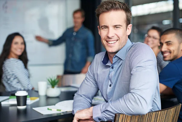 Success Makes Smile Portrait Office Worker Sitting Meeting His Colleagues — Foto de Stock