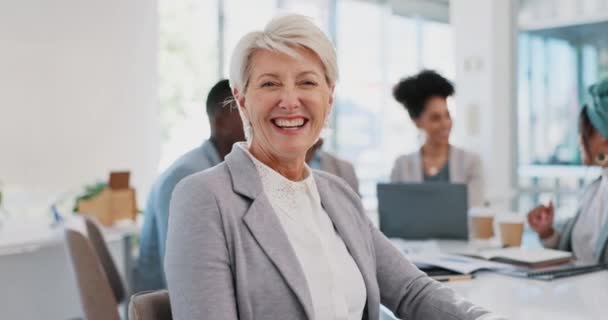 商界领袖 在职女性首席执行官的快乐形象 高级管理层的远见和干劲 领导能力 成功和自信 成熟的经理 面带微笑 咨询公司的老板 — 图库视频影像