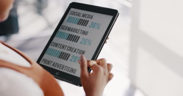 Tablet Χέρια Μαύρη Γυναίκα Ψηφιακά Στοιχεία Marketing Analytics Για Διαφημιστική — Αρχείο Βίντεο