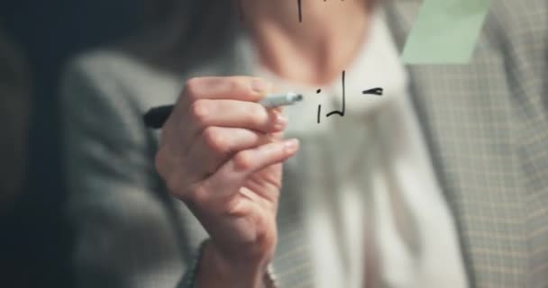 Closeup Hand Writing Glass Board Woman Planning Strategy Office Pen — Stock videók