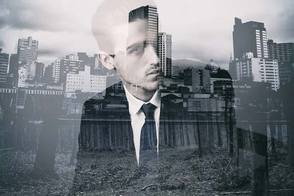 Home City Composite Image Well Dressed Man Superimposed Image City — Stockfoto