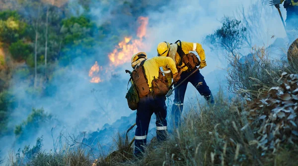 炎を押し戻す 野火と戦う消防士 — ストック写真