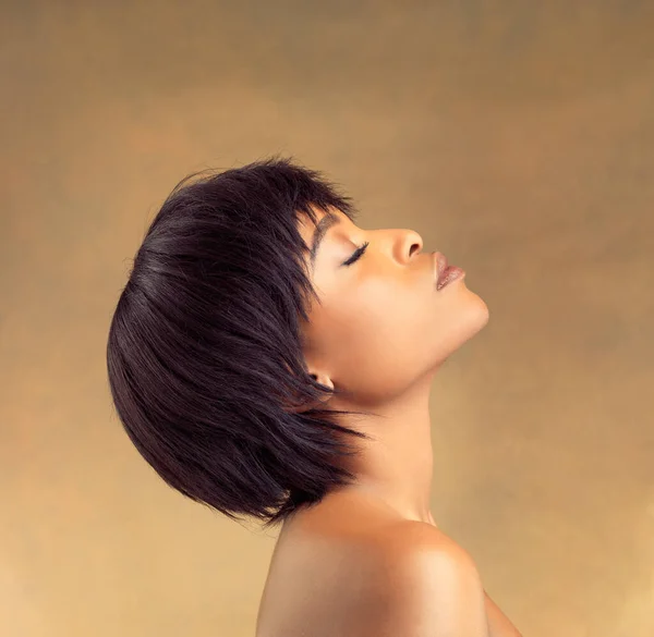 Perfect profile of beauty. Studio profile shot of a beautiful young woman against a brown background
