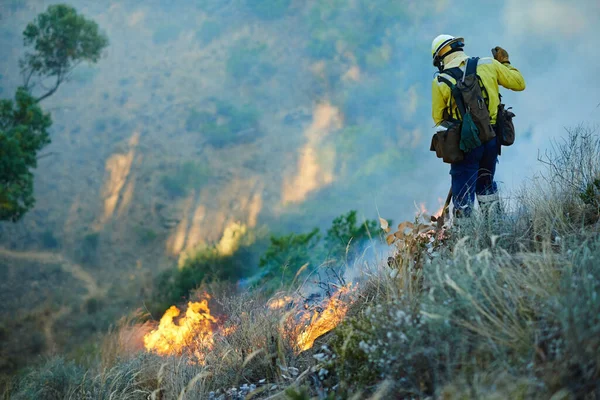 損傷を調査してる 野火と戦う消防士 — ストック写真
