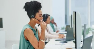 Computer, telemarketing or black woman in call center consulting, talking of helping clients with life insurance. Crm, customer services consultant or sales agent speaking at technical support job.