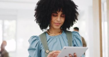 Face, business and black woman with tablet, connection and social media. Portrait, African American female or leader for digital marketing, fintech or communication for brand development or corporate.