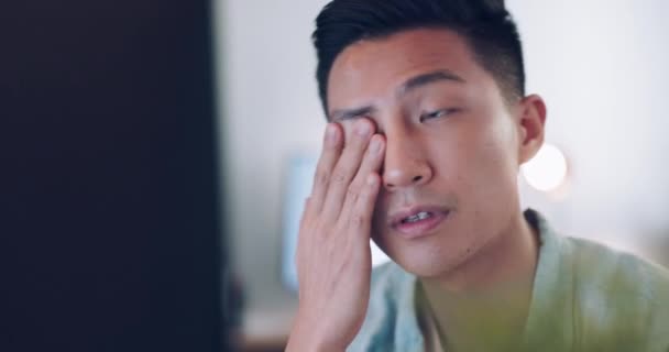 Asian Businessman Tired Hand Face Communication Office Headache Marketing Company — Wideo stockowe