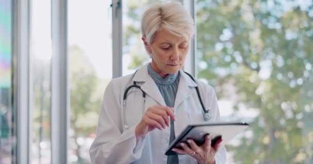 Tablet Tänkande Eller Läkare Som Arbetar Med Forskning Eller Dataanalys — Stockvideo