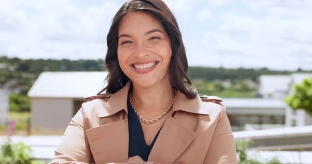 Mujer Negocios Cara Profesional Feliz Headshot Éxito Visión Orgullo Aire — Vídeos de Stock