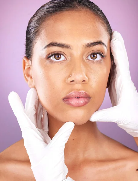 Plastic surgery, patient and hands of doctor check client face for botox, beauty implant or microblading. Medical consultation, cosmetics lip filler and portrait of black woman for facial aesthetic.