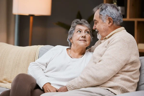 Love Sofa Senior Couple Talking Marriage Bonding Relationship Retirement Romance —  Fotos de Stock