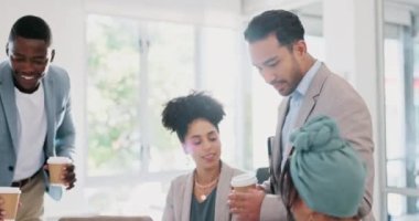 Business people, coffee or diversity meeting on laptop in company finance planning, investment strategy or target paper analytics. Happy smile, financial workers or collaboration technology and drink.