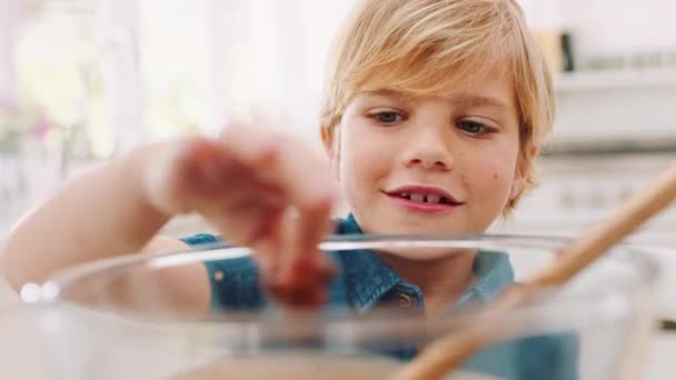 Children Baking Chocolate Little Boy Tasting Batter Kitchen His Home — Stockvideo
