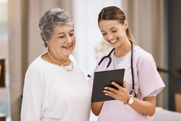 Tablet, healthcare and nurse with senior woman for digital help, support or wellness check, data and results together with smile. Happy elderly patient in communication with medical worker or doctor.