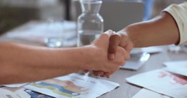 Handshake, business meeting and people partnership shaking hands for welcome, success or agreement. B2b thank you, office partner and onboarding deal ready for negotiation together for company growth.