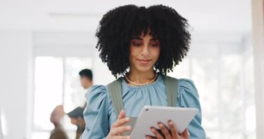 Face, business and black woman with tablet, connection and social media. Portrait, African American female or leader for digital marketing, fintech or communication for brand development or corporate.