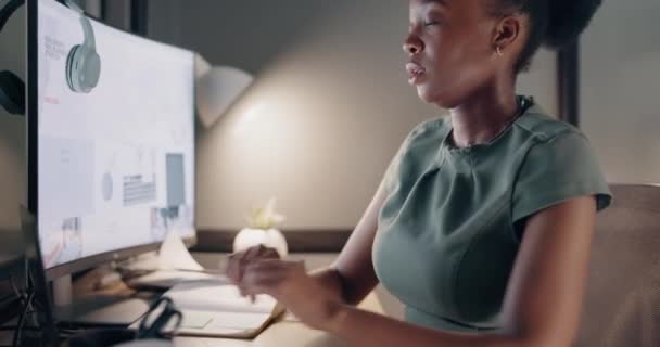 Black Business Woman Stress Burnout Night While Tired Working Computer — Vídeos de Stock