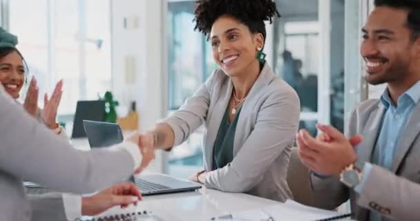 Success Handshake Happy Black Woman Meeting Company Kpi Goals Sales — Stock Video