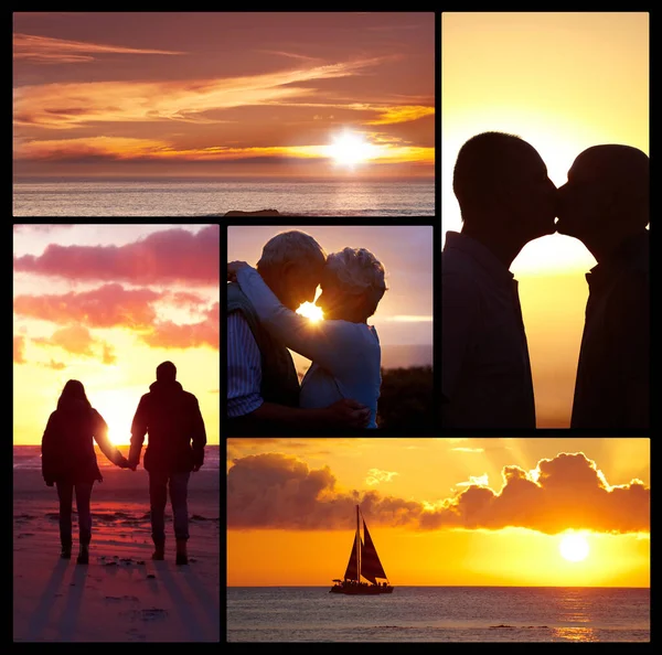 Sunset Romance Composite Image Couples Beach Dusk — Stok fotoğraf