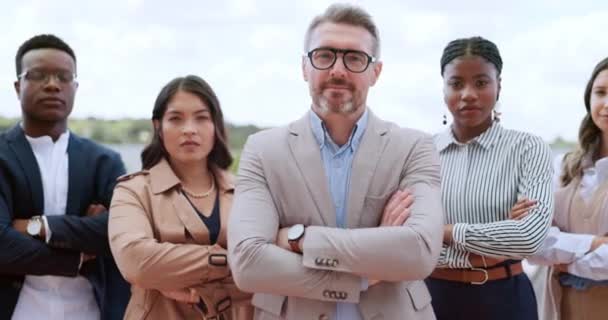 Business People Face Success Arms Crossed Teamwork Diversity Vision Finance — Stok video