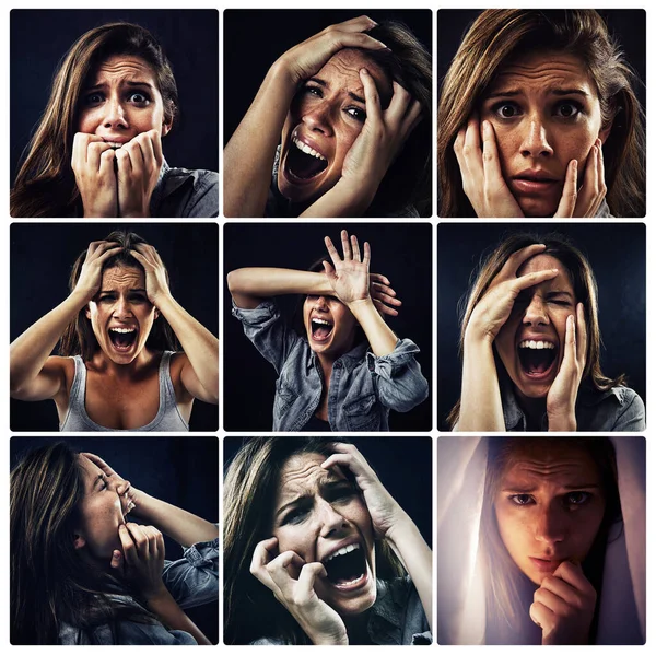 Please...help me. Composite image of a terrified woman screaming
