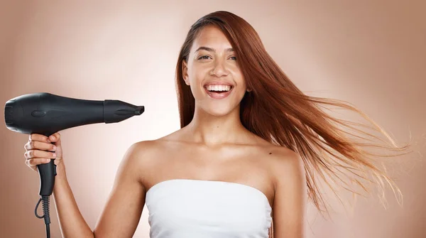 Hair Care Beauty Cosmetics Woman Hairdryer Studio Background Luxury Keratin — kuvapankkivalokuva