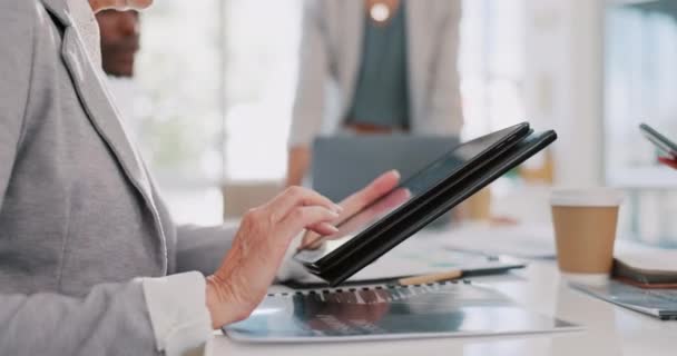 Hands Tablet Senior Woman Meeting Researching Internet Browsing Networking Technology — Stockvideo