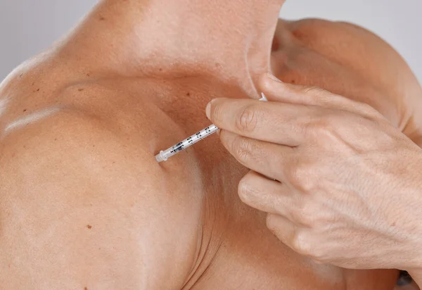 Closeup Man Botox Injection Skincare Cosmetics Grey Studio Background Male — Stok fotoğraf