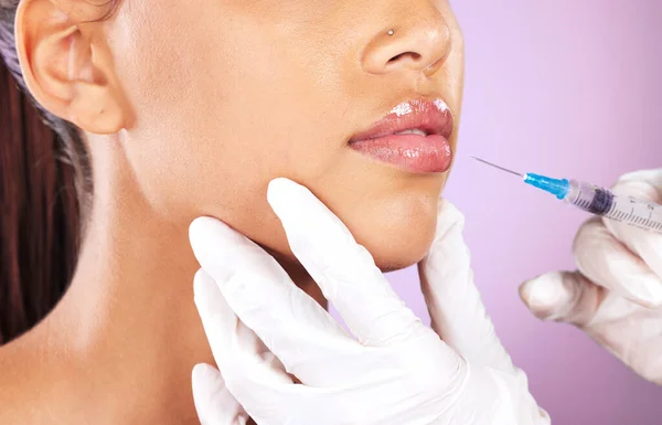 Beauty, aesthetic and lip filler woman collagen treatment with professional cosmetic syringe zoom. Plastic surgery expert cosmetics injection procedure on skincare girl in purple studio background.