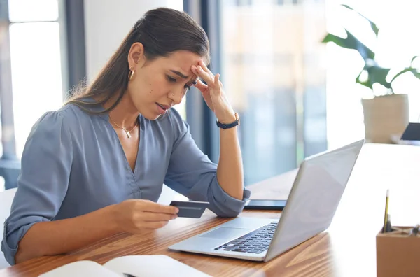 Credit card, stress or business woman with anxiety from banking fraud, financial problem or ecommerce scam. Password error, bankruptcy or sad worker frustrated with declined online payment or debt.