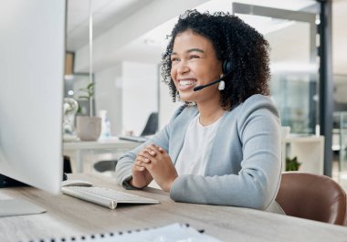 Black woman, call center and computer with CRM and contact us, phone call with customer service or telemarketing. Tech support, tech and office with communication and contact center female employee clipart