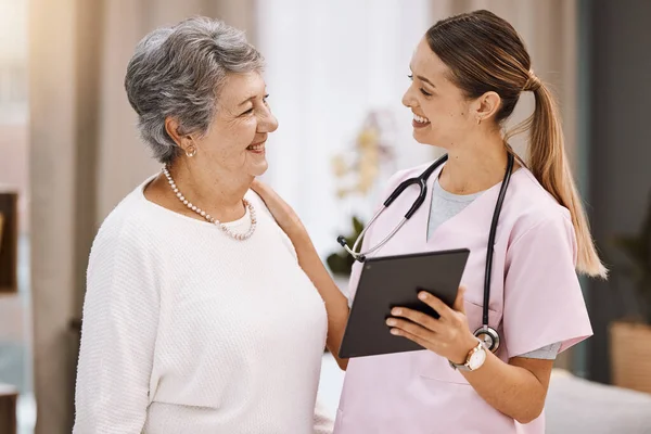 Tablet, healthcare and nurse with senior woman for digital help, support or wellness check, data and results together with smile. Happy elderly patient in communication with medical worker or doctor.