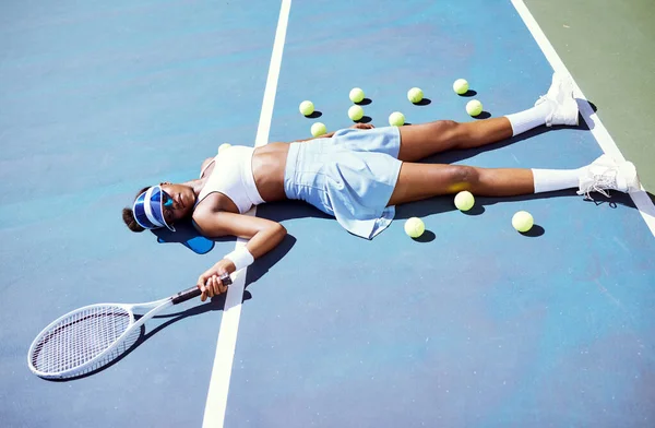 Tired Tennis Sad Black Woman Court Game Sports Fitness Training — Stock Fotó